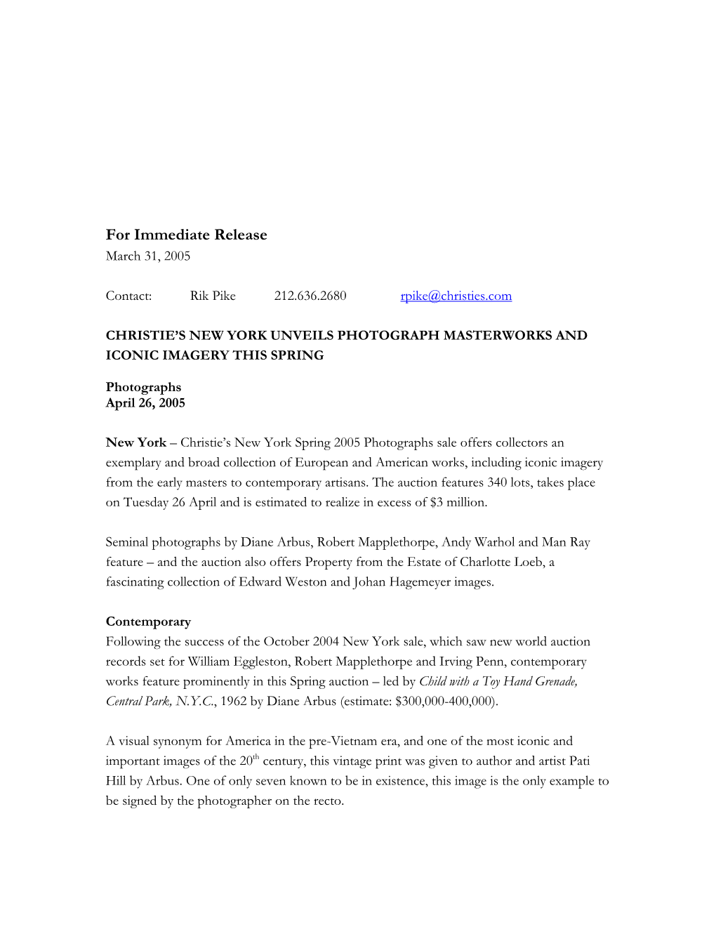 For Immediate Release March 31, 2005
