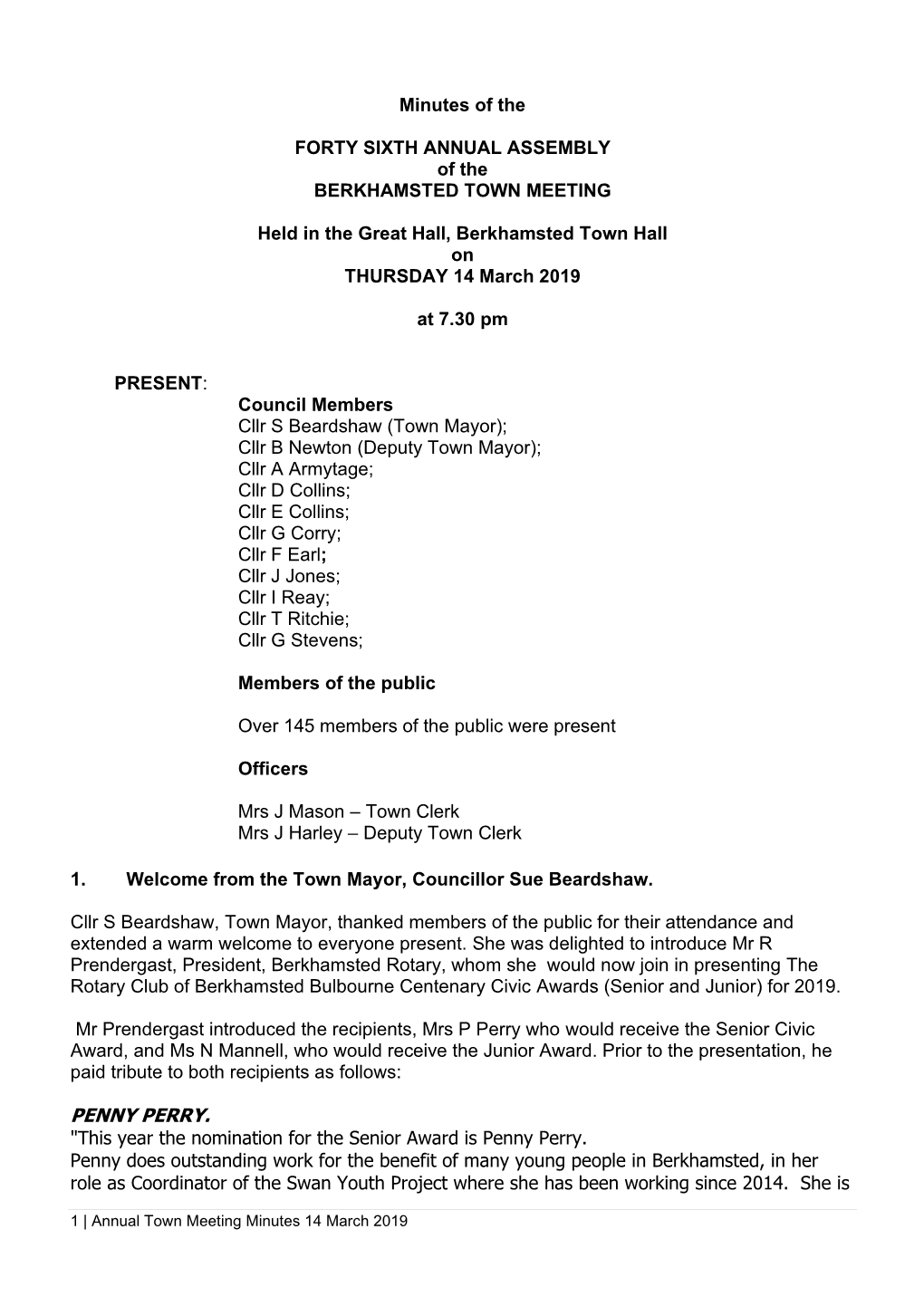 Minutes, Annual Town Meeting 14 March 2019