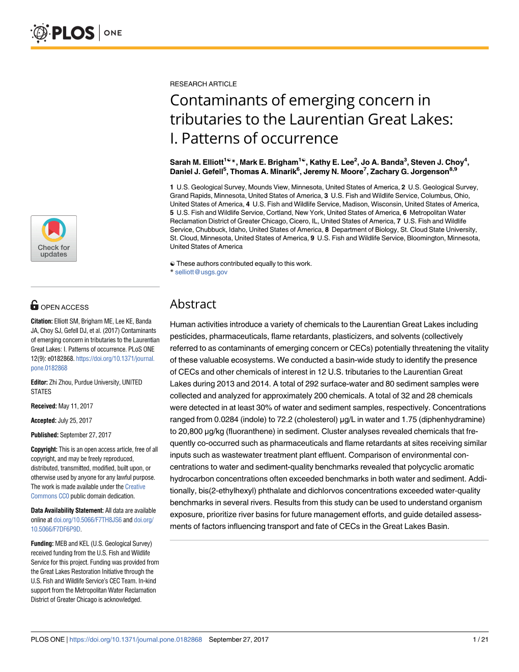 Contaminants of Emerging Concern in Tributaries to the Laurentian Great Lakes: I