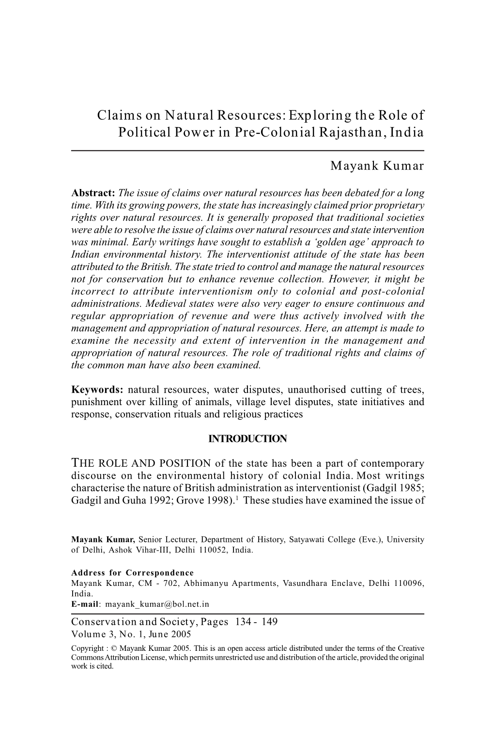 Claims on Natural Resources: Exploring the Role of Political Power in Pre-Colonial Rajasthan, India