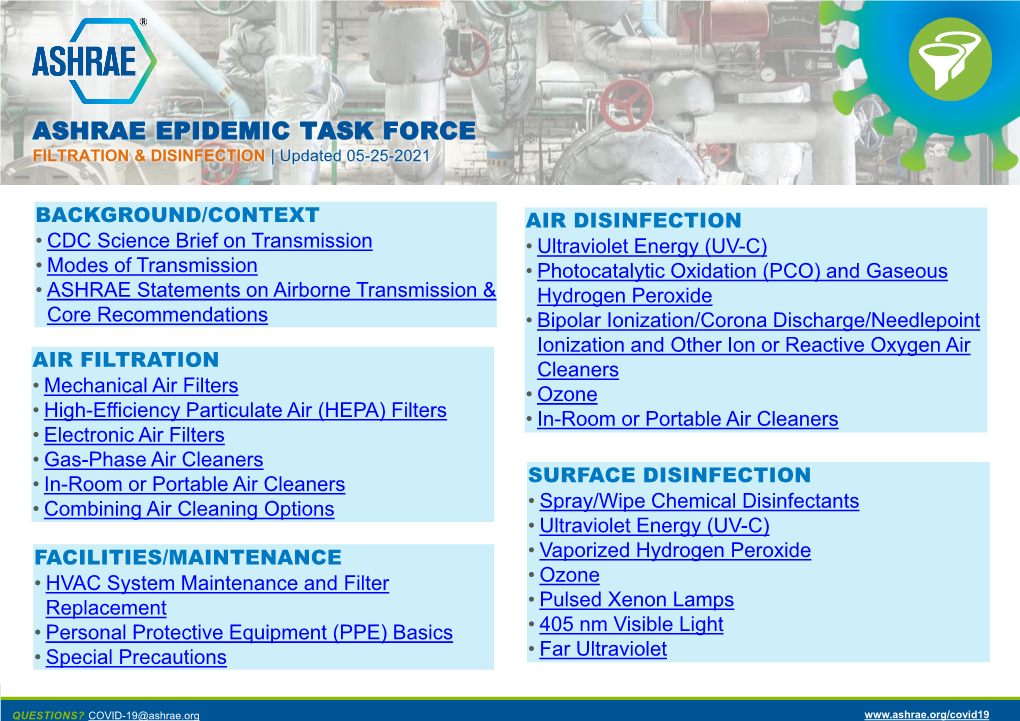 ASHRAE EPIDEMIC TASK FORCE FILTRATION & DISINFECTION | Updated 05-25-2021