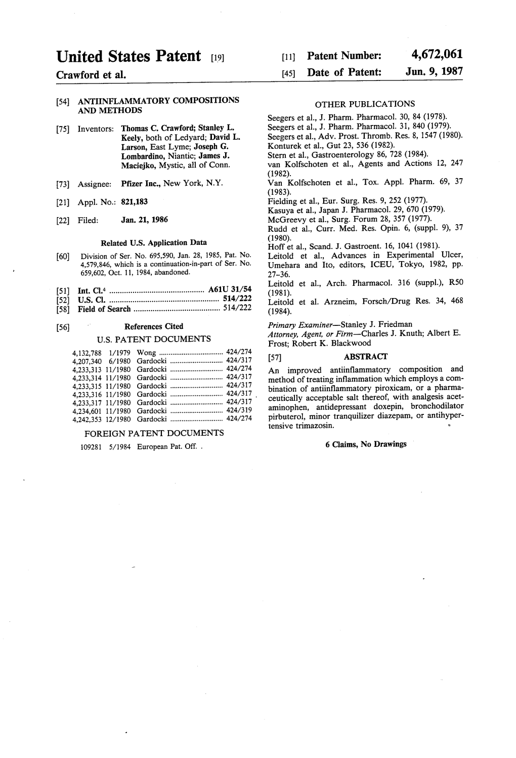 United States Patent (19) 11 Patent Number: 4,672,061 Crawford Et Al