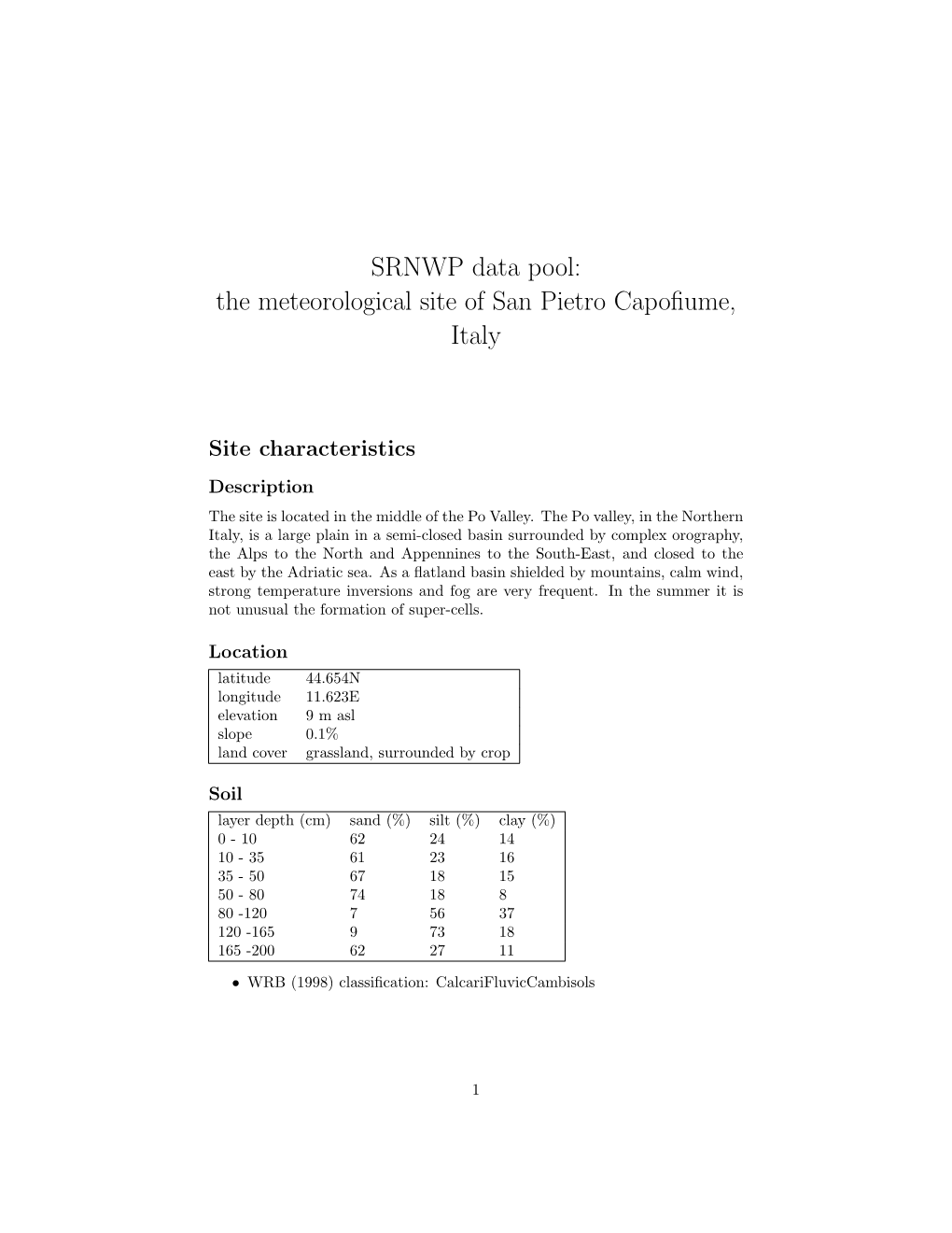 SRNWP Data Pool: the Meteorological Site of San Pietro Capofiume, Italy