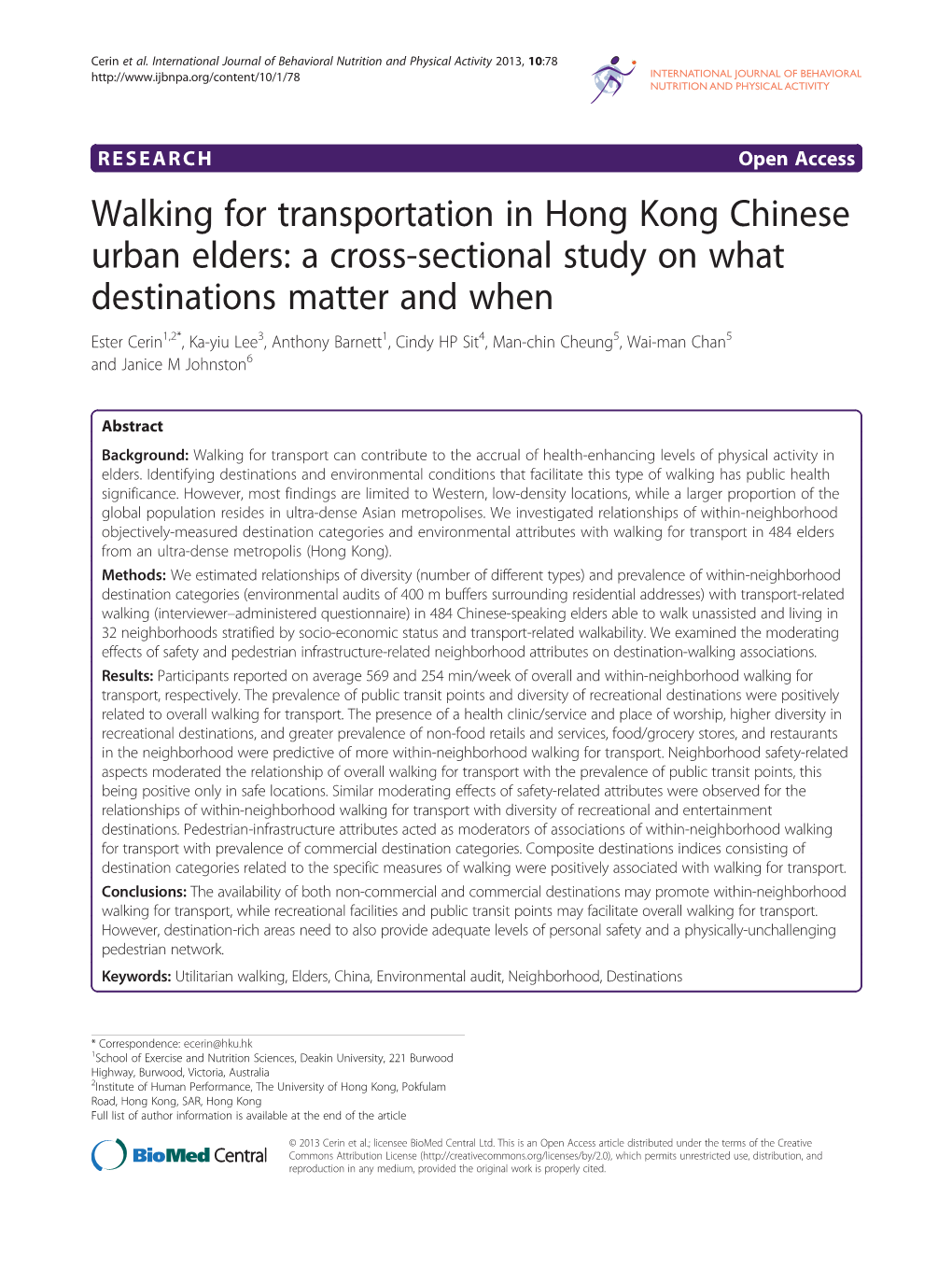 Walking for Transportation in Hong Kong Chinese Urban Elders: a Cross