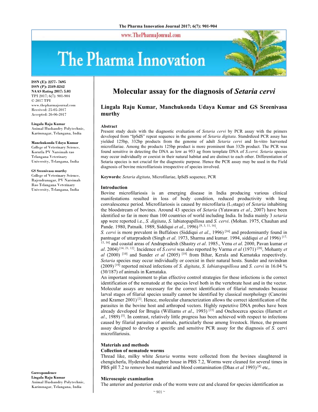 Molecular Assay for the Diagnosis of Setaria Cervi