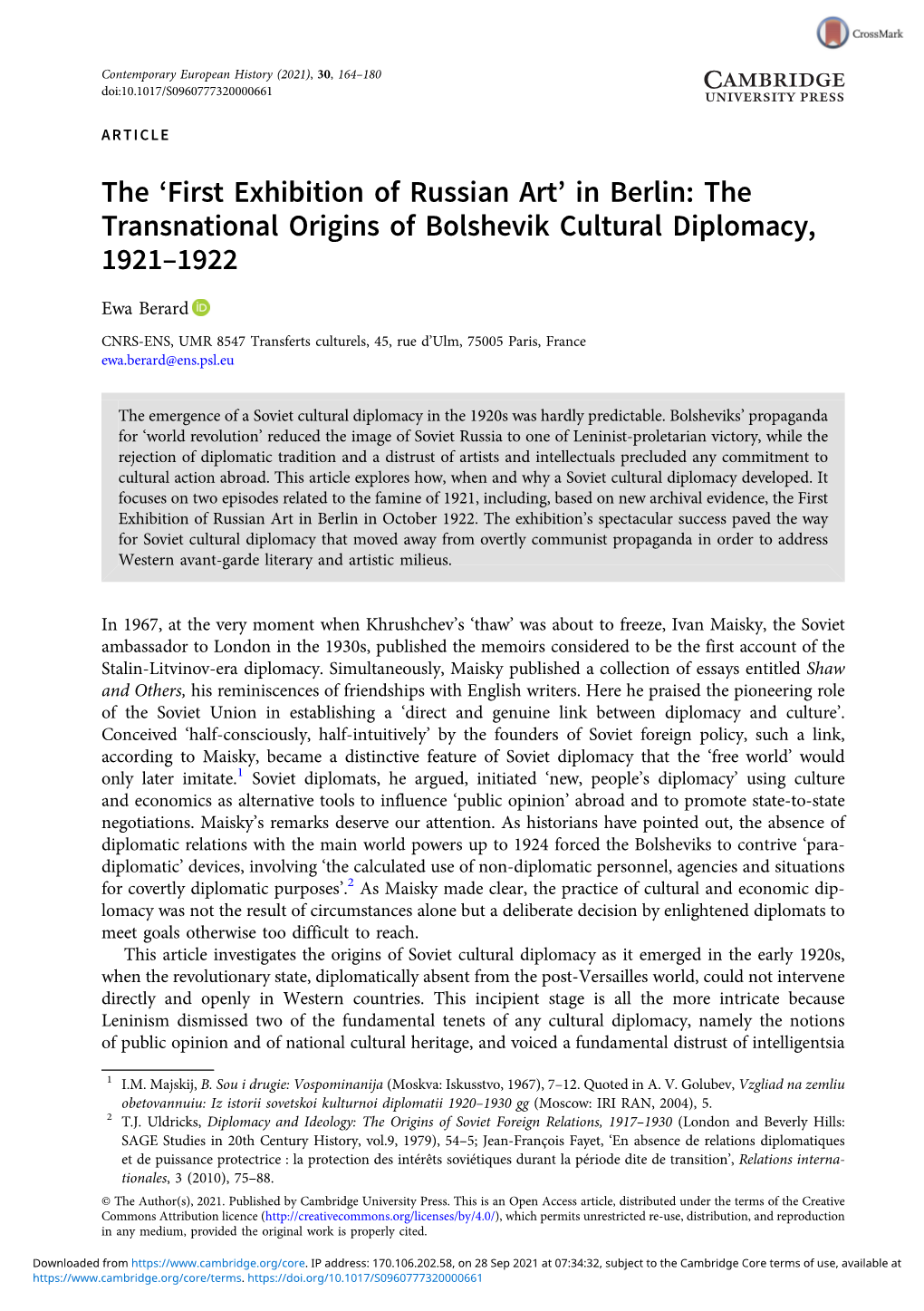 The Transnational Origins of Bolshevik Cultural Diplomacy, 1921–1922