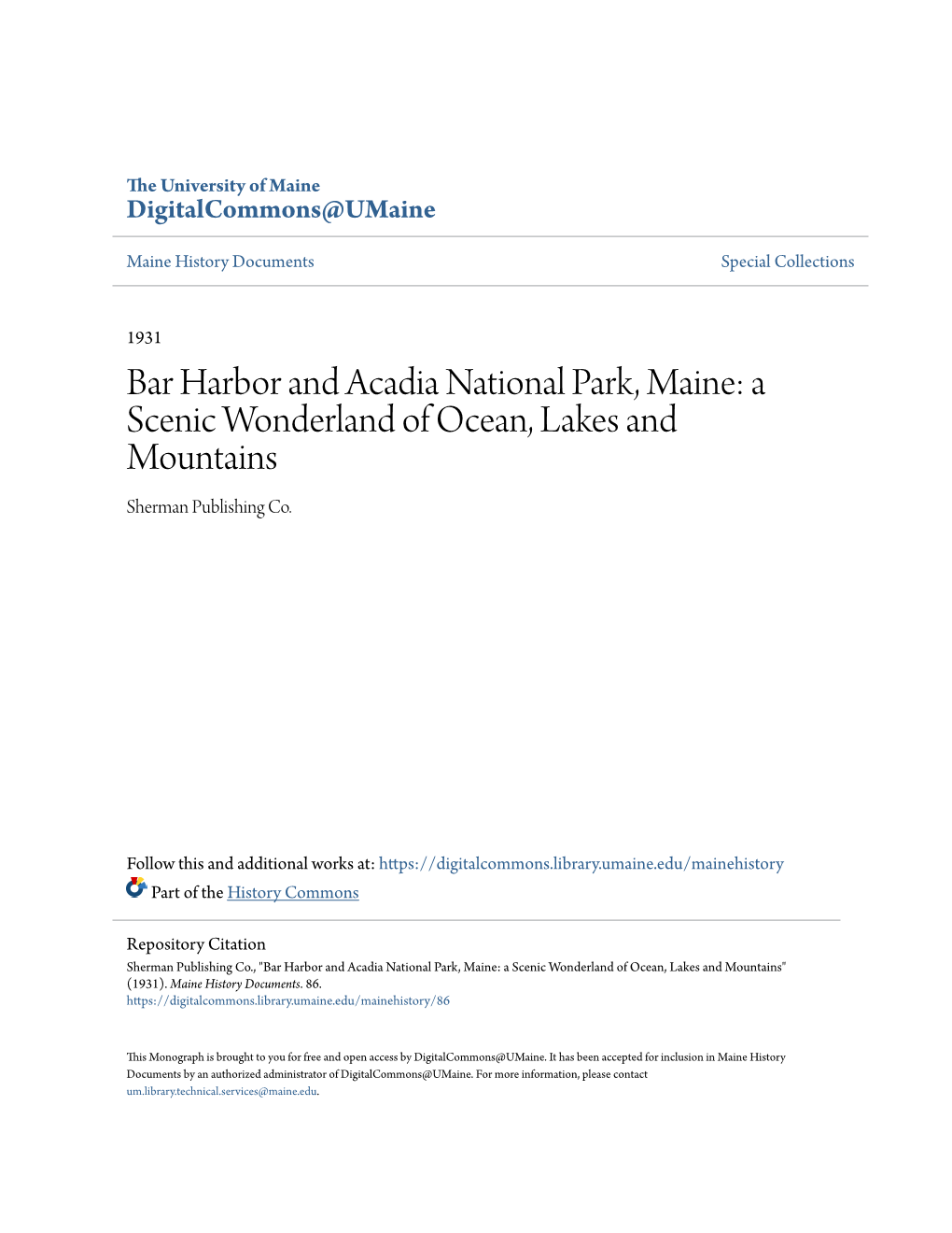 Bar Harbor and Acadia National Park, Maine: a Scenic Wonderland of Ocean, Lakes and Mountains Sherman Publishing Co