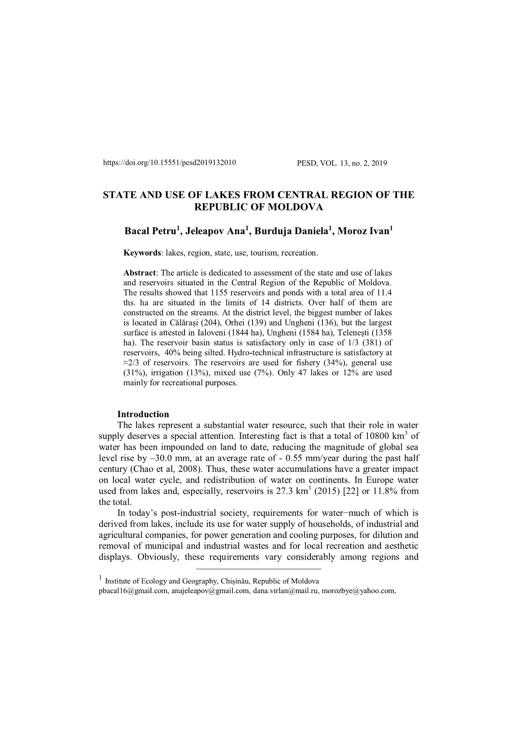 State and Use of Lakes from Central Region of the Republic of Moldova