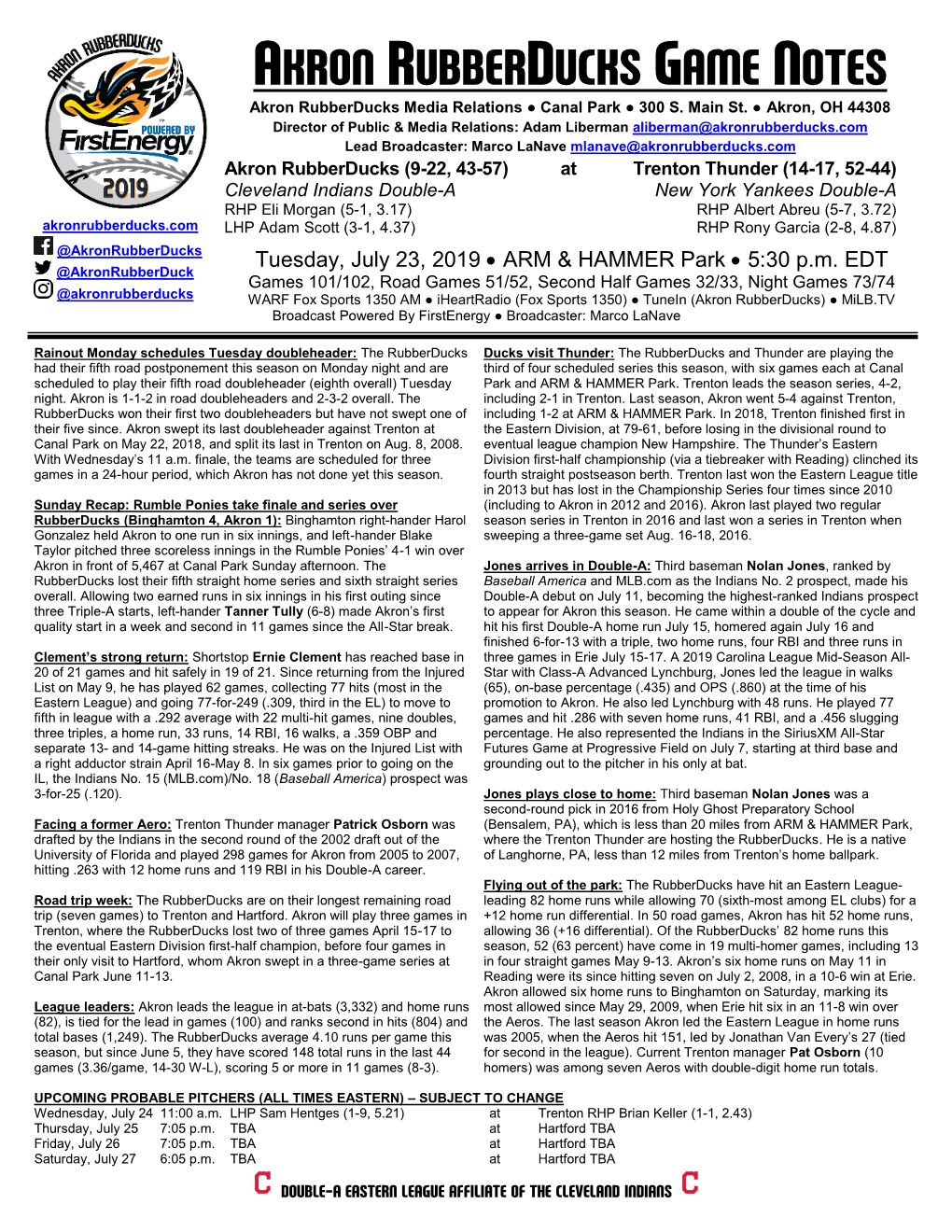 AKRON RUBBERDUCKS GAME NOTES Akron Rubberducks Media Relations ● Canal Park ● 300 S