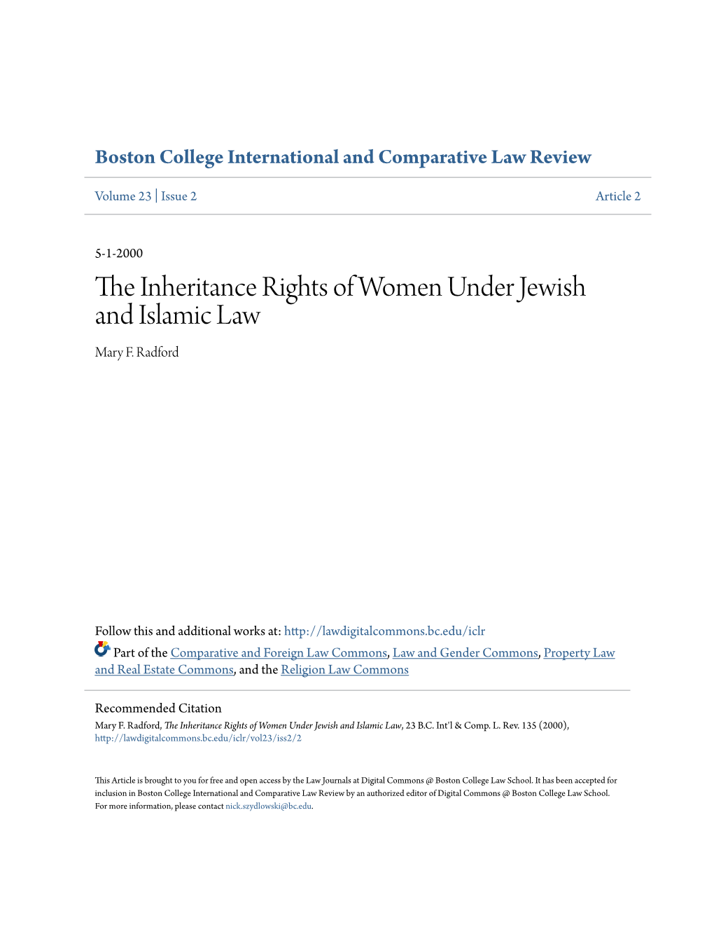 The Inheritance Rights of Women Under Jewish and Islamic Law, 23 B.C