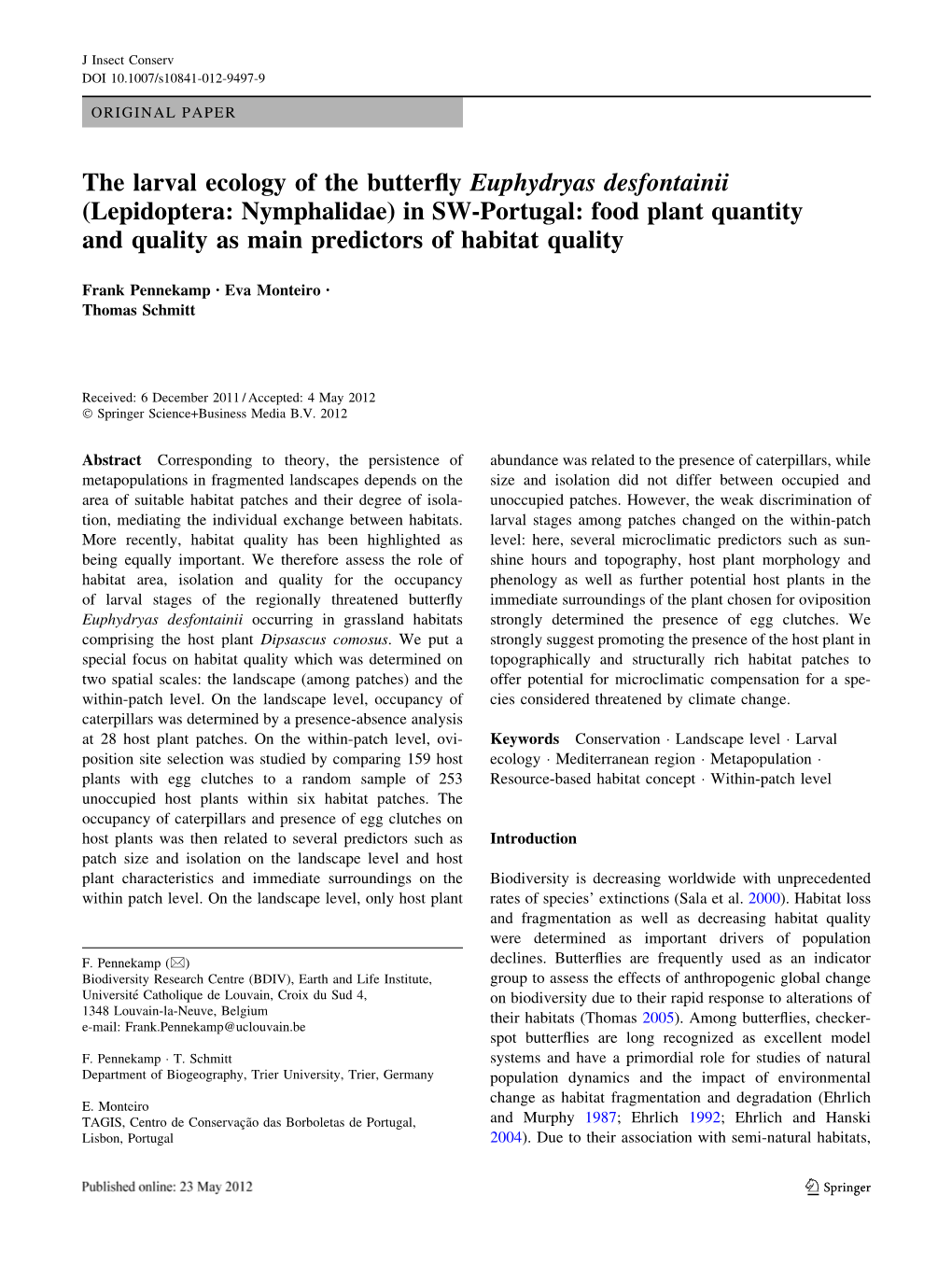 The Larval Ecology of the Butterfly Euphydryas Desfontainii