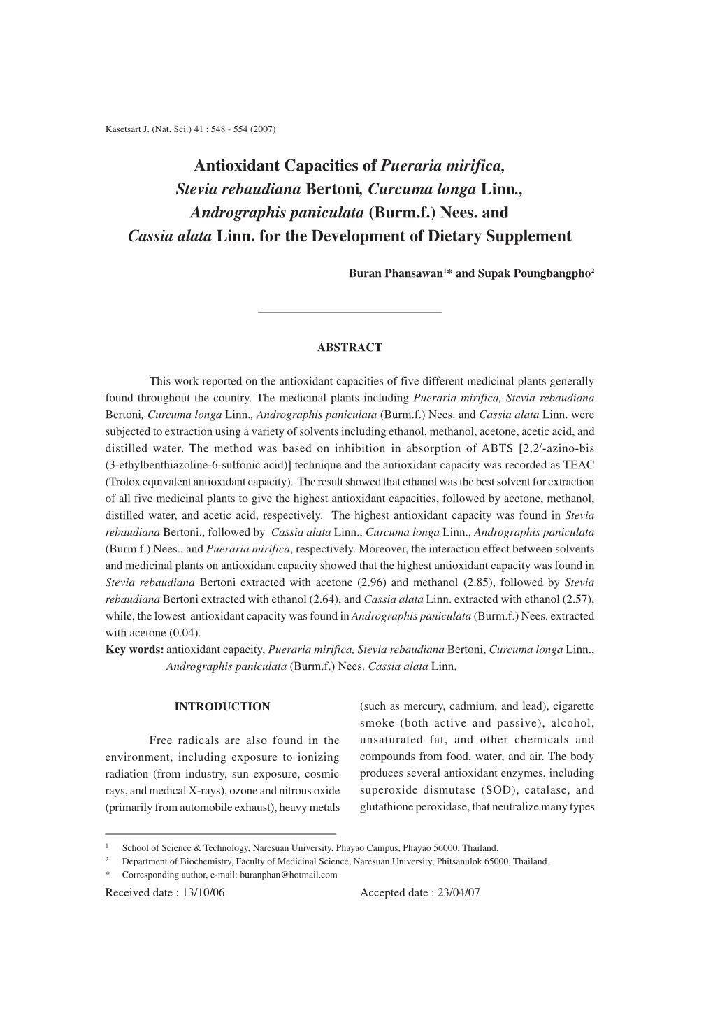 Antioxidant Capacities of Pueraria Mirifica, Stevia Rebaudiana Bertoni, Curcuma Longa Linn., Andrographis Paniculata (Burm.F.) Nees