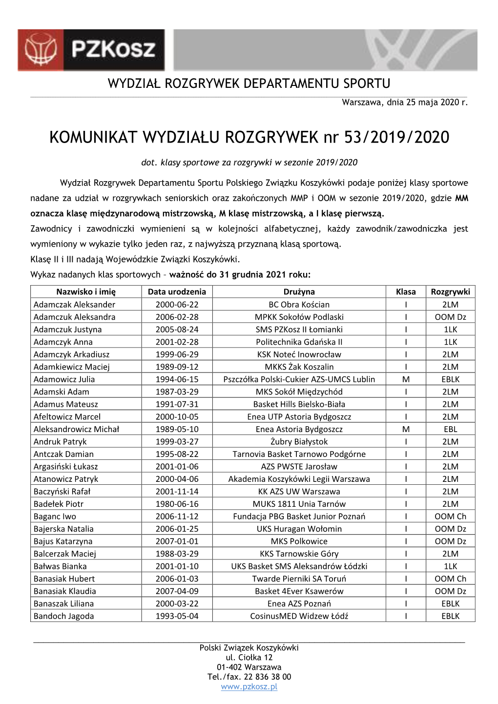 WYDZIAŁ ROZGRYWEK DEPARTAMENTU SPORTU ______Warszawa, Dnia 25 Maja 2020 R