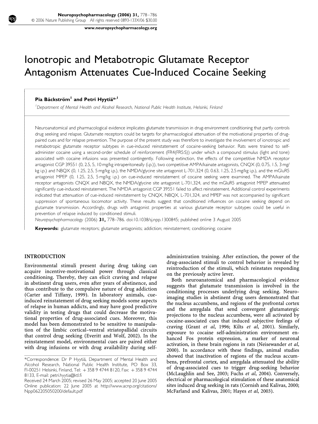 Ionotropic and Metabotropic Glutamate Receptor Antagonism Attenuates Cue-Induced Cocaine Seeking