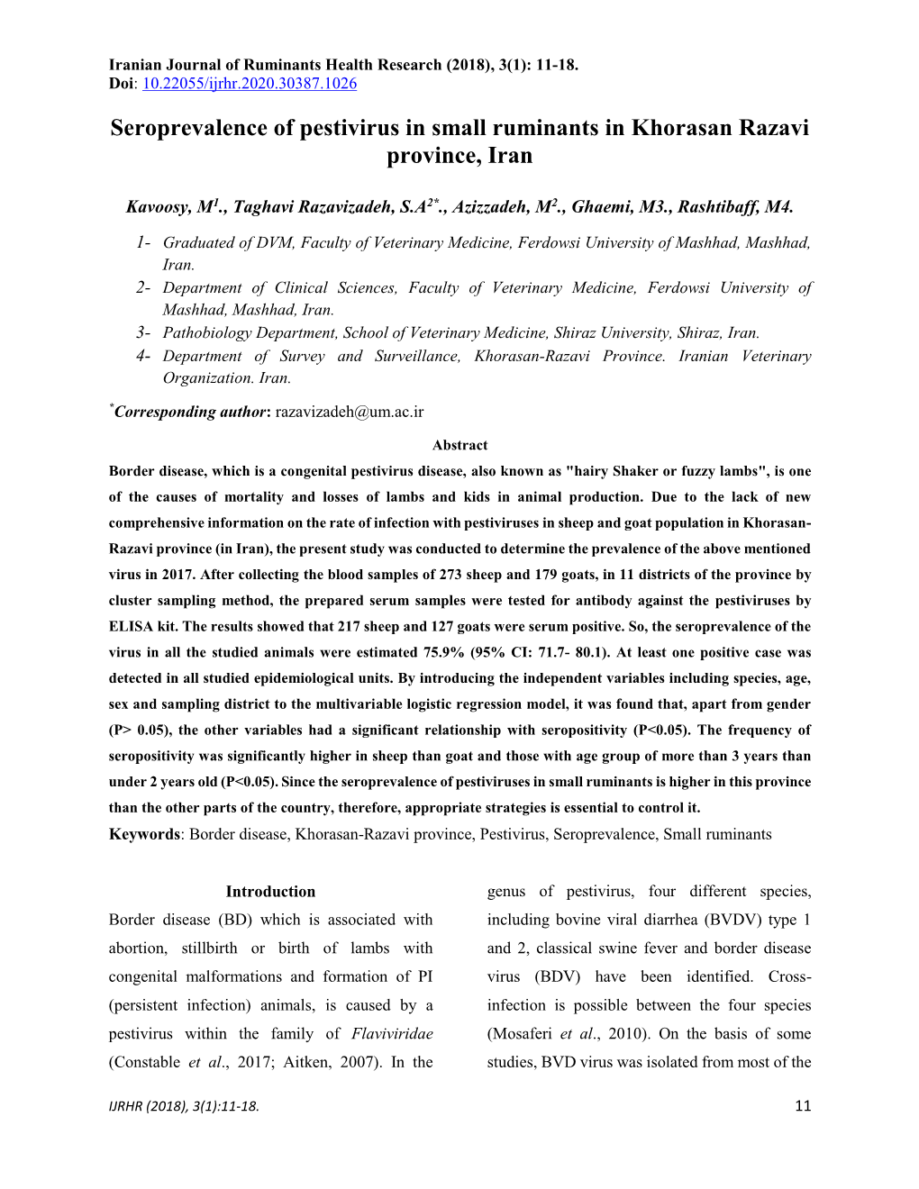 Seroprevalence of Pestivirus in Small Ruminants in Khorasan Razavi Province, Iran