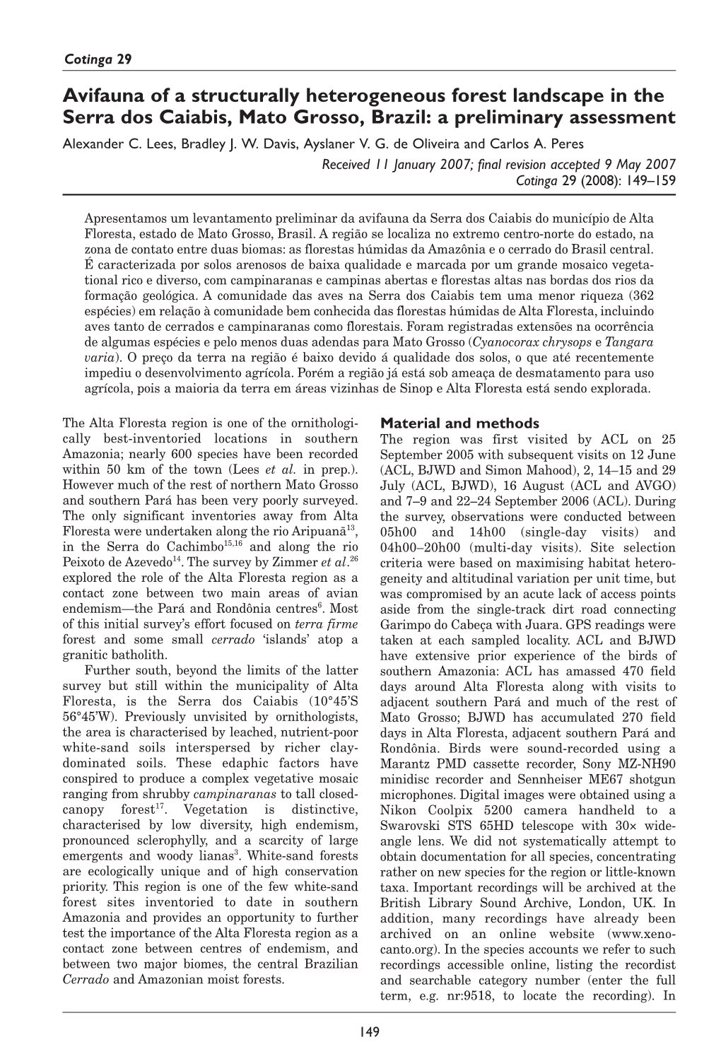 Avifauna of a Structurally Heterogeneous Forest Landscape in the Serra Dos Caiabis, Mato Grosso, Brazil: a Preliminary Assessment Alexander C