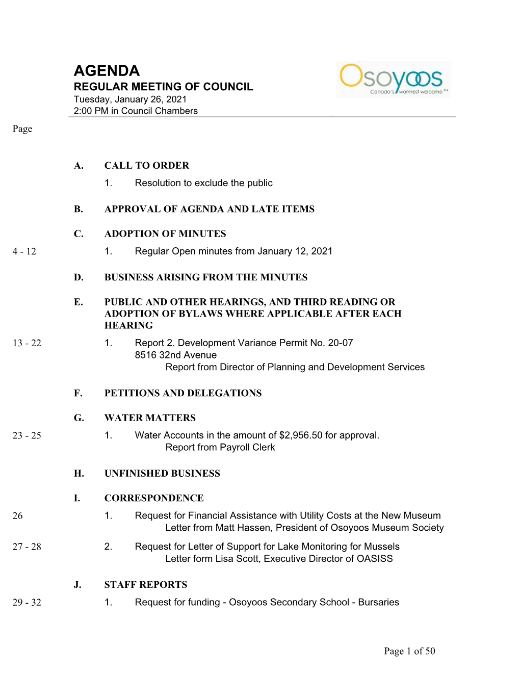 Regular Open Meeting Agenda Package Page