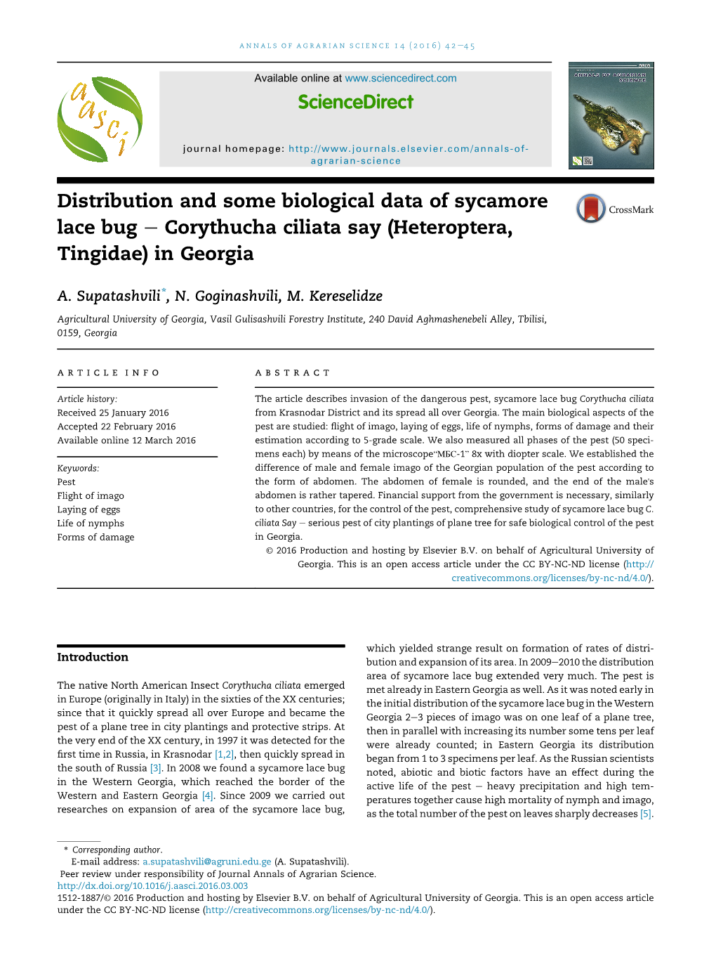 Distribution and Some Biological Data of Sycamore Lace Bug E Corythucha Ciliata Say (Heteroptera, Tingidae) in Georgia