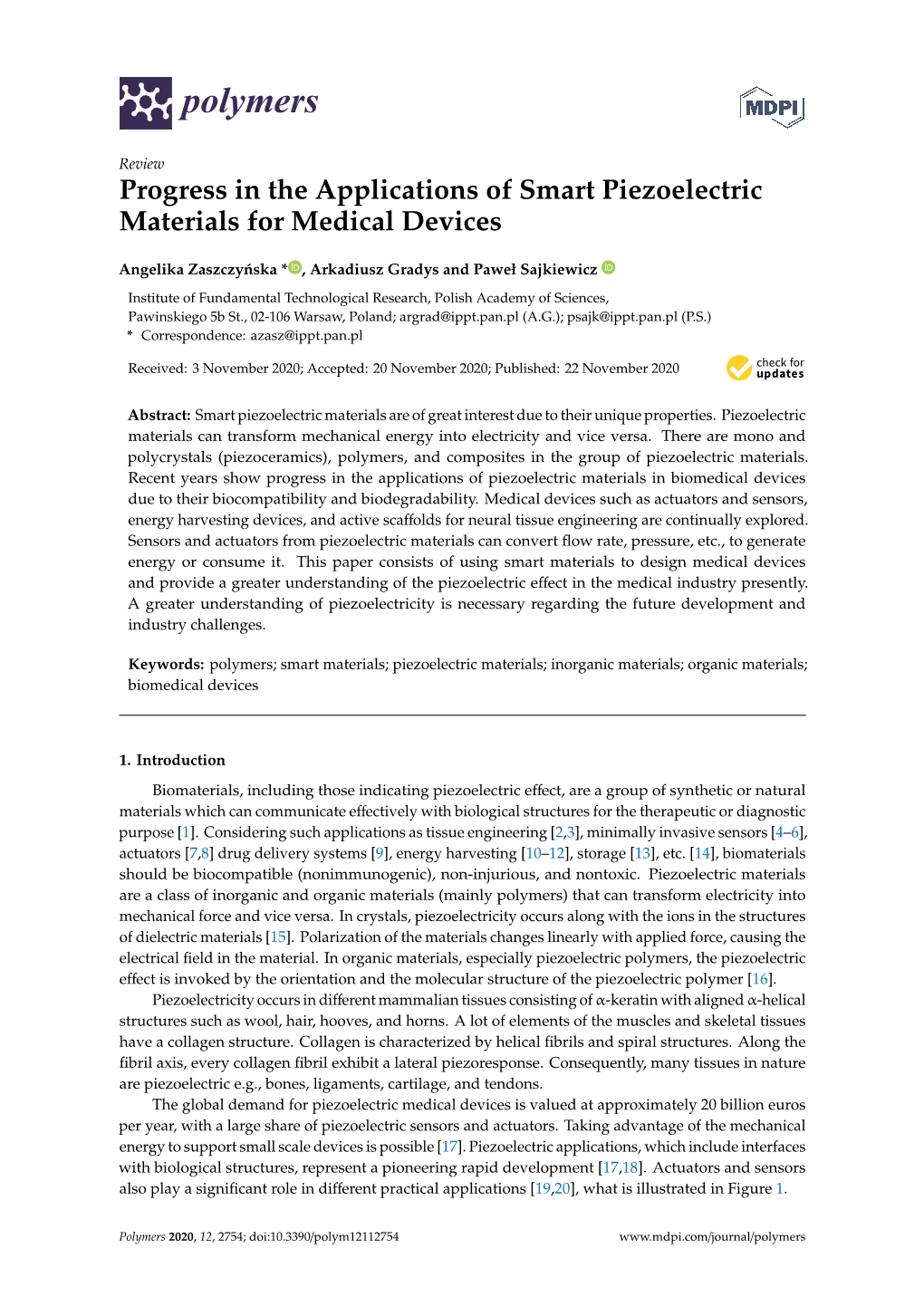 Progress in the Applications of Smart Piezoelectric Materials for Medical Devices