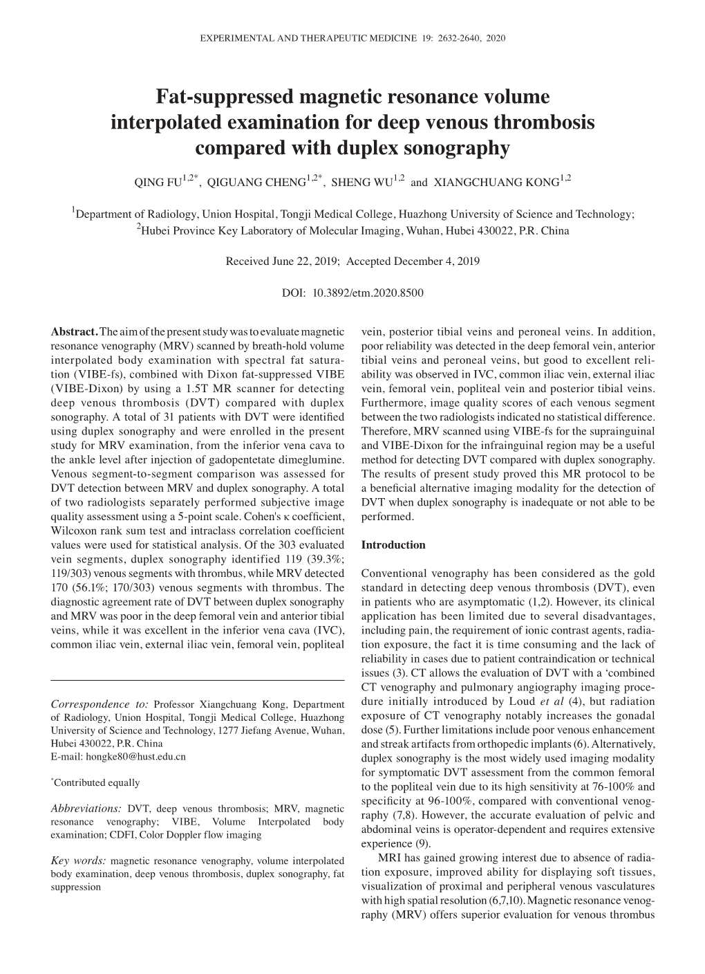 Fat‑Suppressed Magnetic Resonance Volume Interpolated Examination for Deep Venous Thrombosis Compared with Duplex Sonography