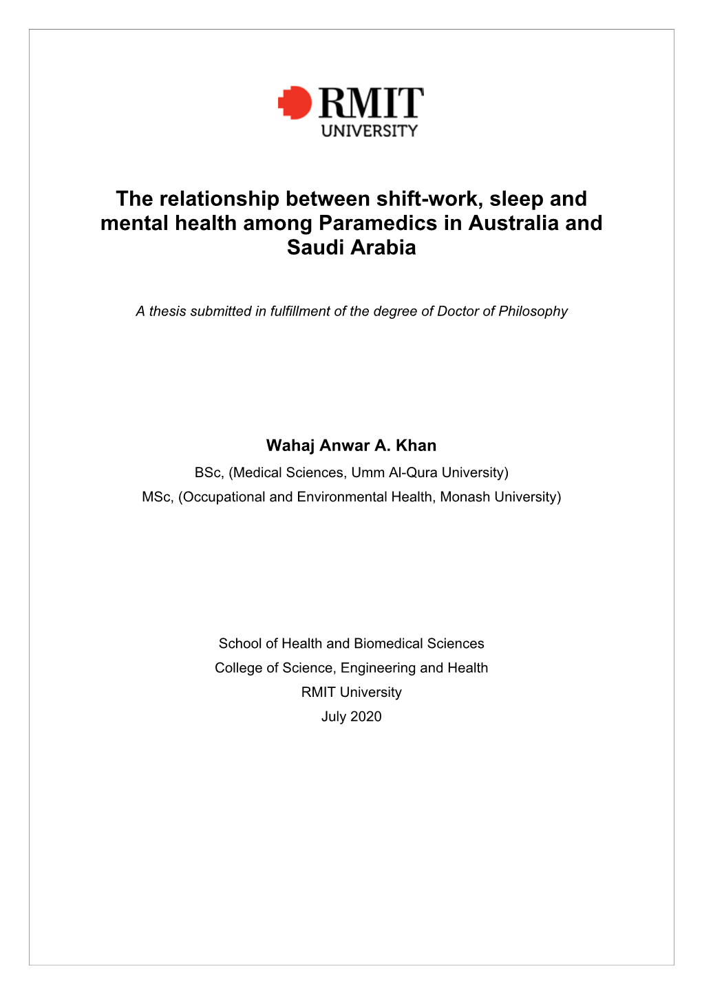 The Relationship Between Shift-Work, Sleep and Mental Health Among Paramedics in Australia and Saudi Arabia