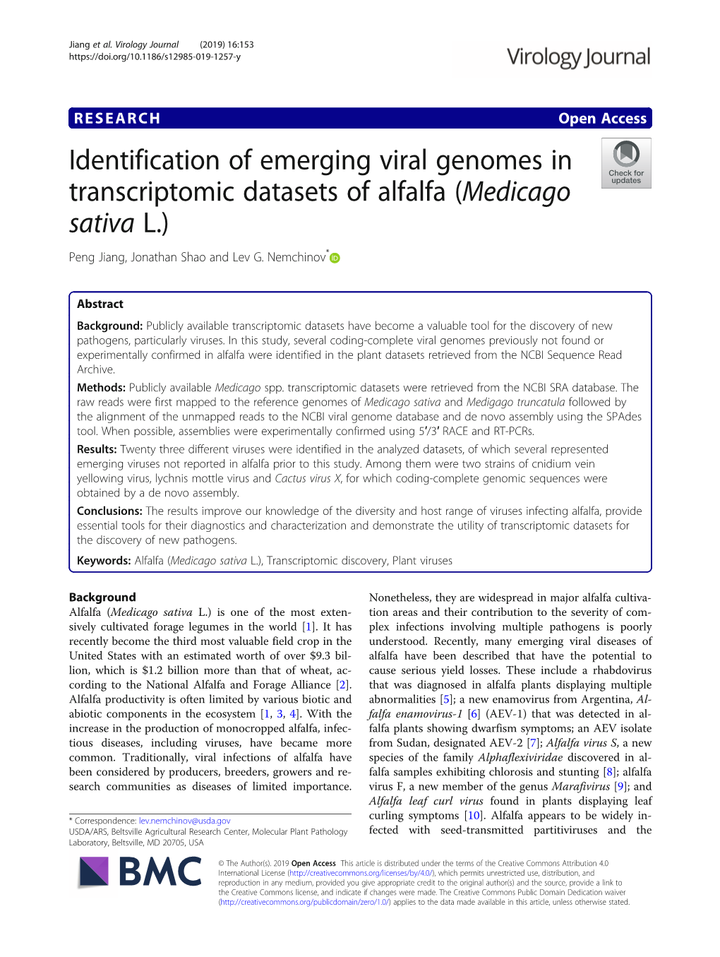 Identification of Emerging Viral Genomes in Transcriptomic Datasets of Alfalfa (Medicago Sativa L.) Peng Jiang, Jonathan Shao and Lev G