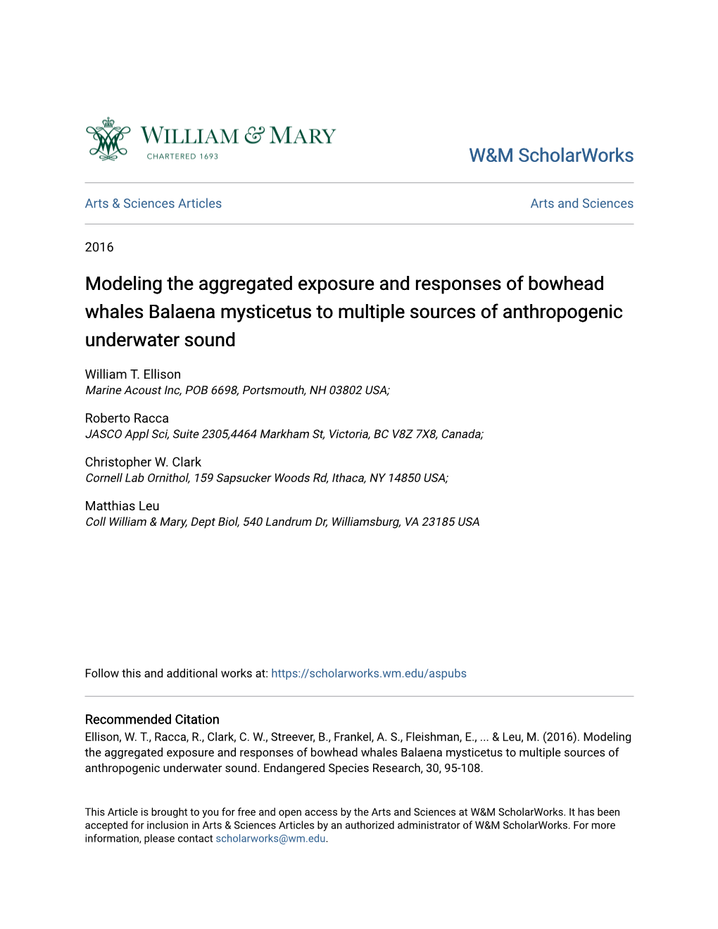 Modeling the Aggregated Exposure and Responses of Bowhead Whales Balaena Mysticetus to Multiple Sources of Anthropogenic Underwater Sound