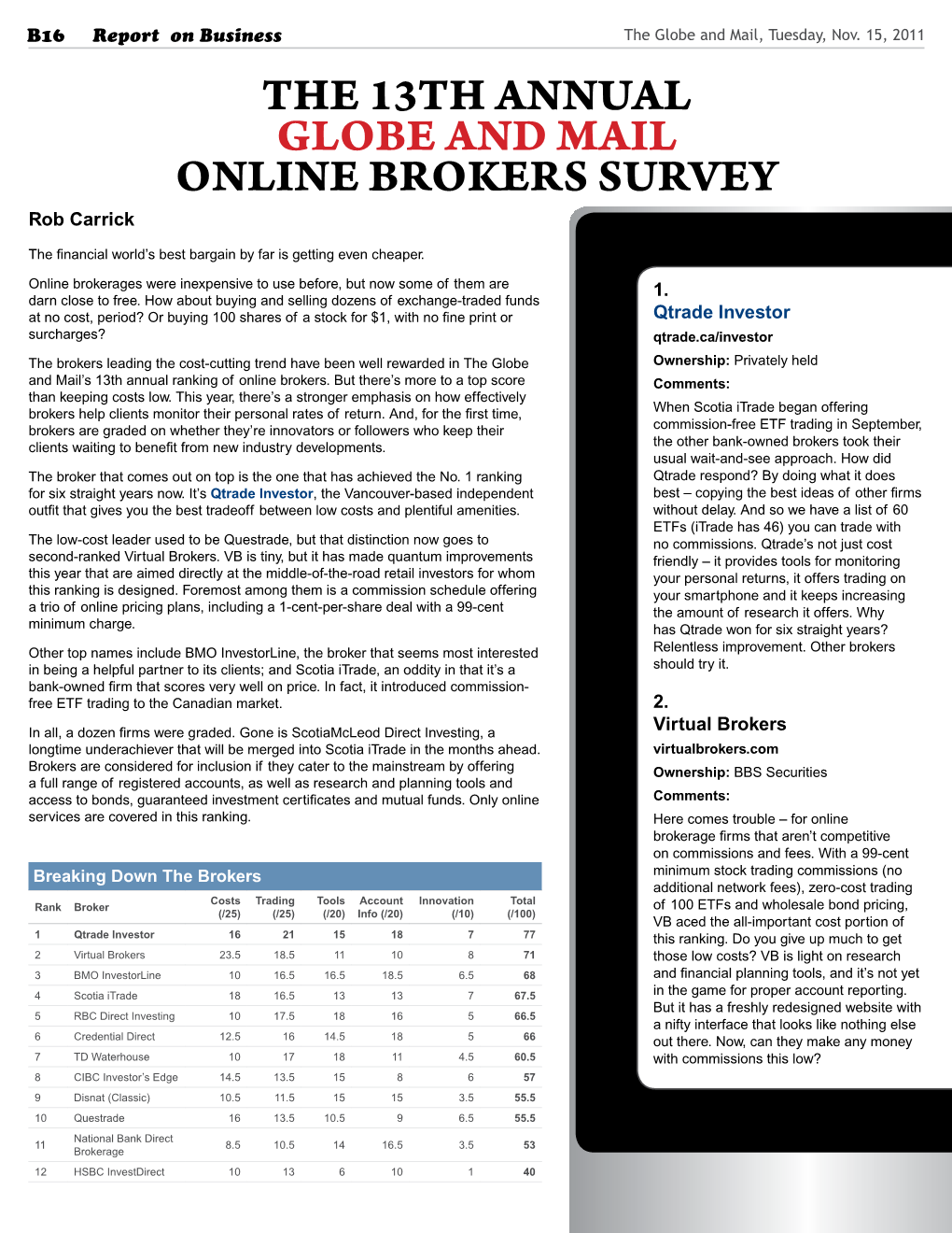 THE 13TH ANNUAL GLOBE and MAIL ONLINE BROKERS SURVEY Rob Carrick