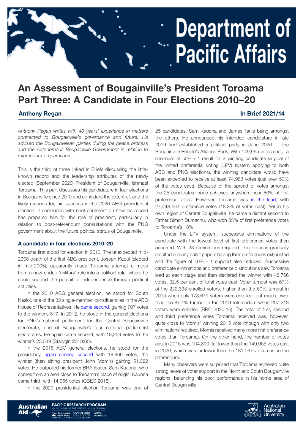 An Assessment of Bougainville's President Toroama Part Three: a Candidate in Four Elections 2010–20