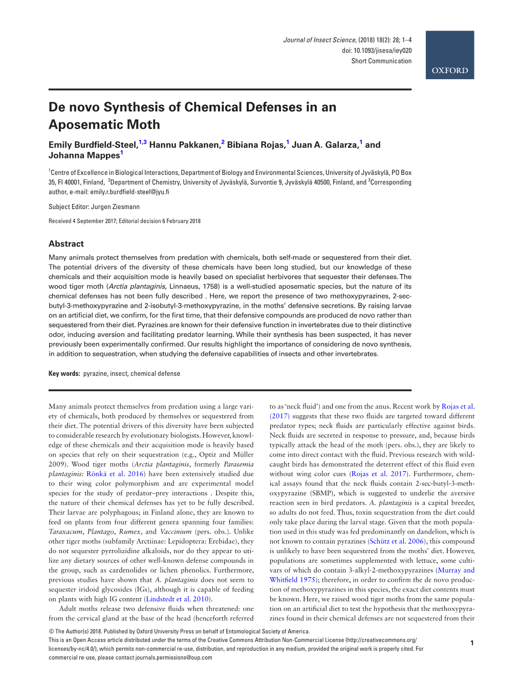 De Novo Synthesis of Chemical Defenses in an Aposematic Moth