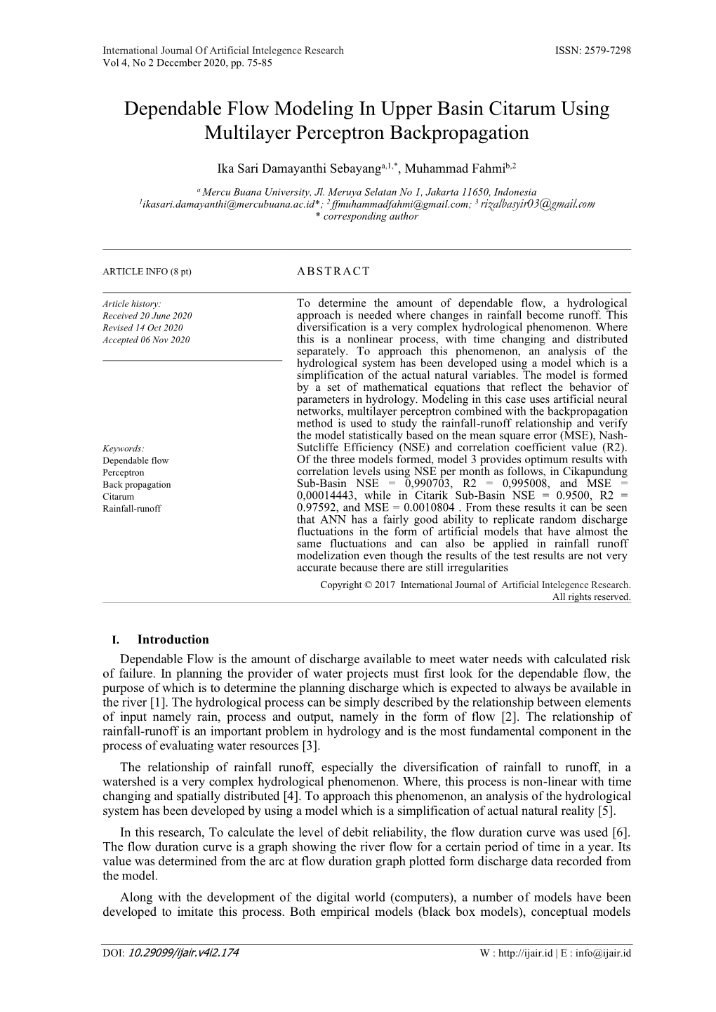 Dependable Flow Modeling in Upper Basin Citarum Using Multilayer Perceptron Backpropagation