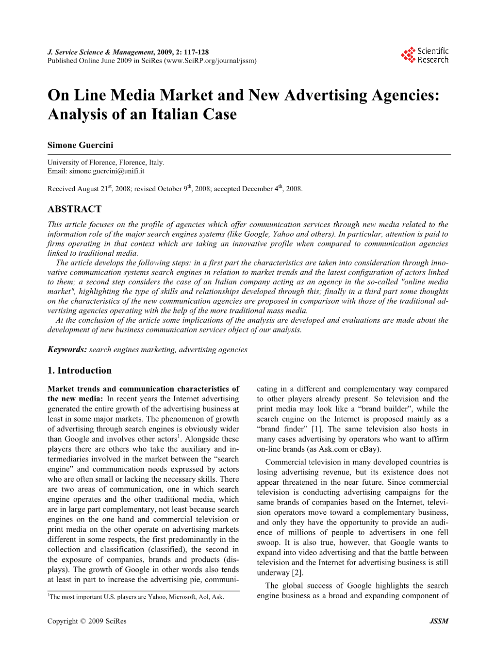 On Line Media Market and New Advertising Agencies: Analysis of an Italian Case