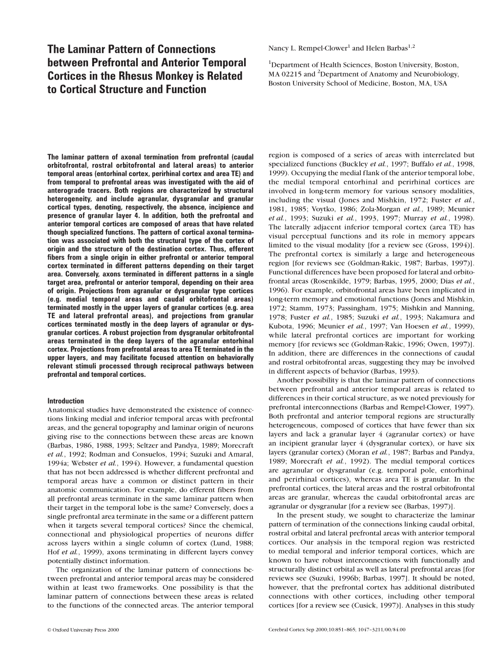 The Laminar Pattern of Connections Between Prefrontal and Anterior