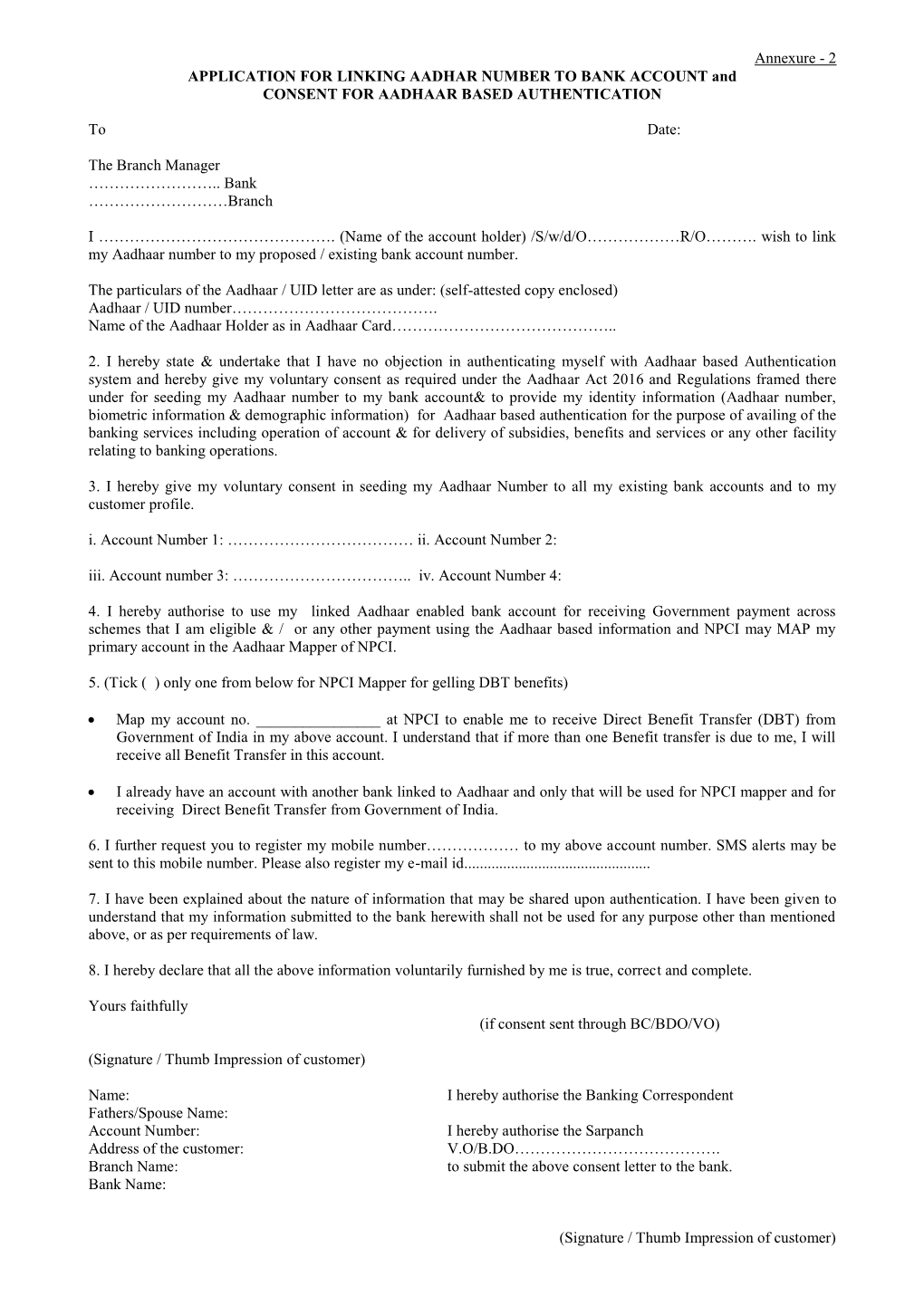 Annexure - 2 APPLICATION for LINKING AADHAR NUMBER to BANK ACCOUNT and CONSENT for AADHAAR BASED AUTHENTICATION