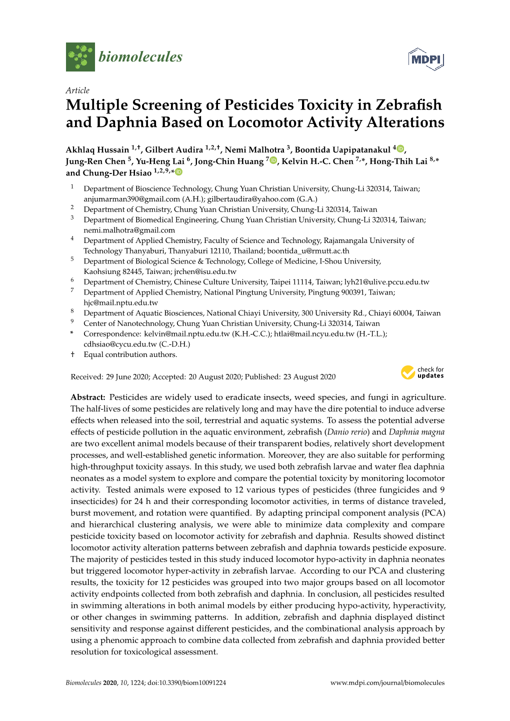 Multiple Screening of Pesticides Toxicity in Zebrafish and Daphnia