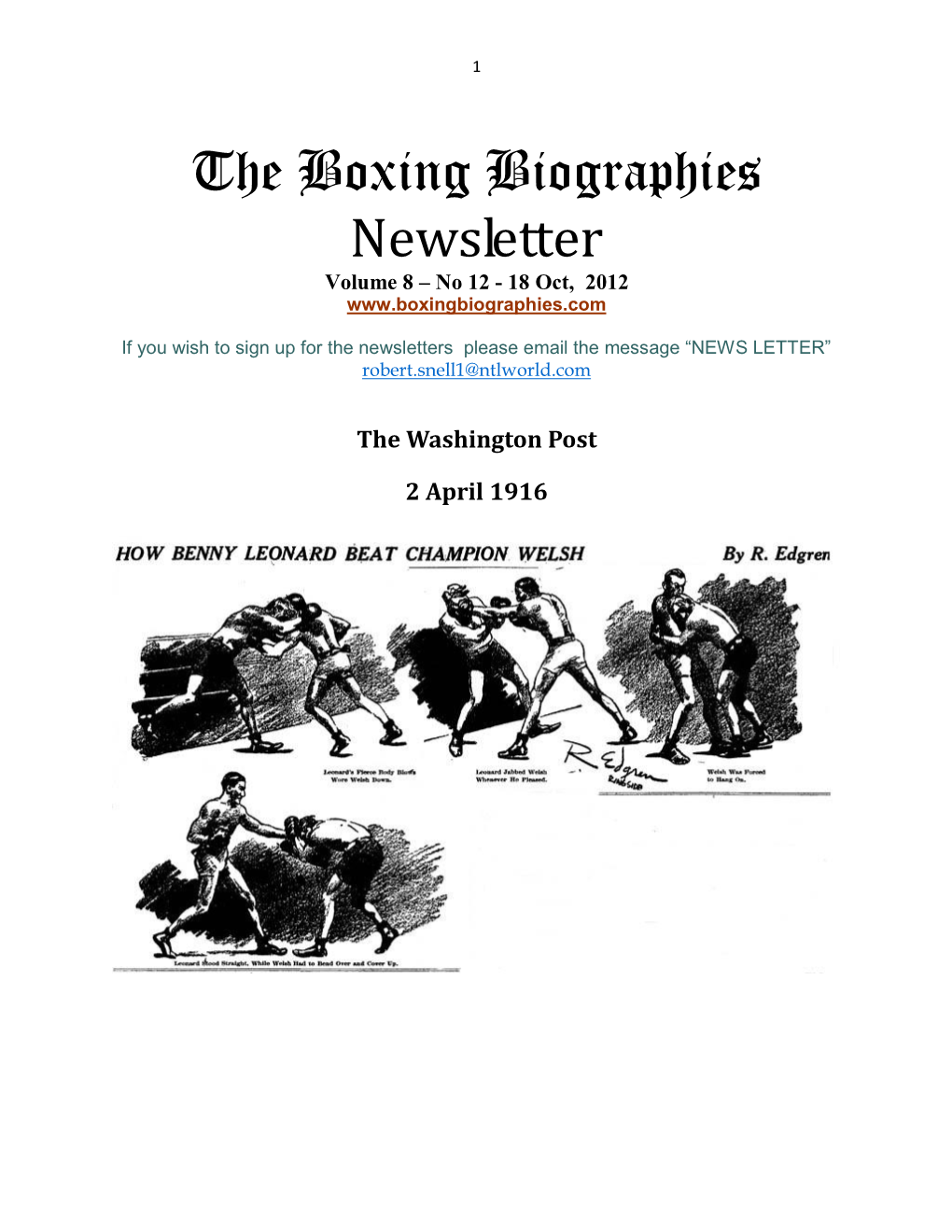 The Boxing Biographies Newsletter Volume 8 – No 12 - 18 Oct, 2012