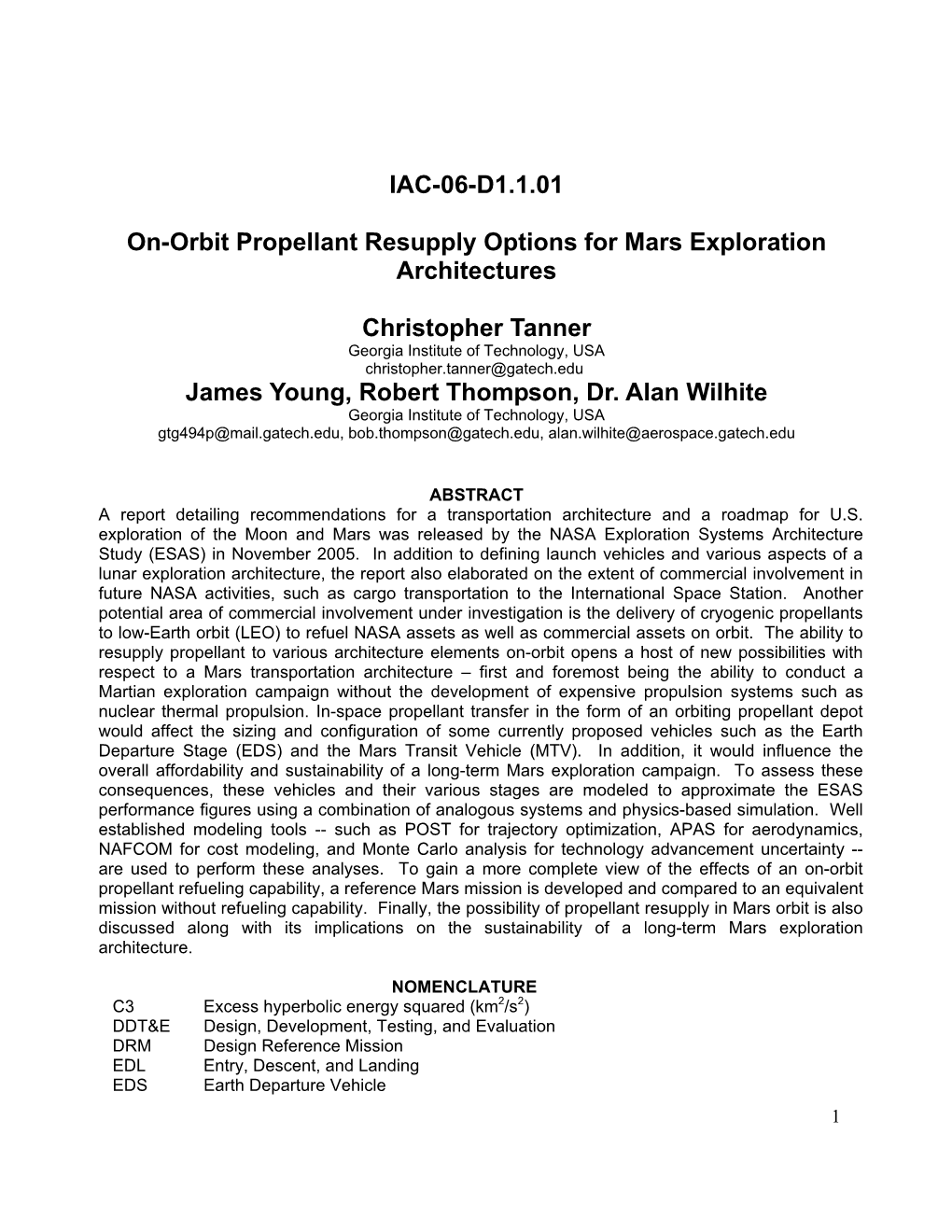 IAC-06-D1.1.01 On-Orbit Propellant Resupply Options for Mars