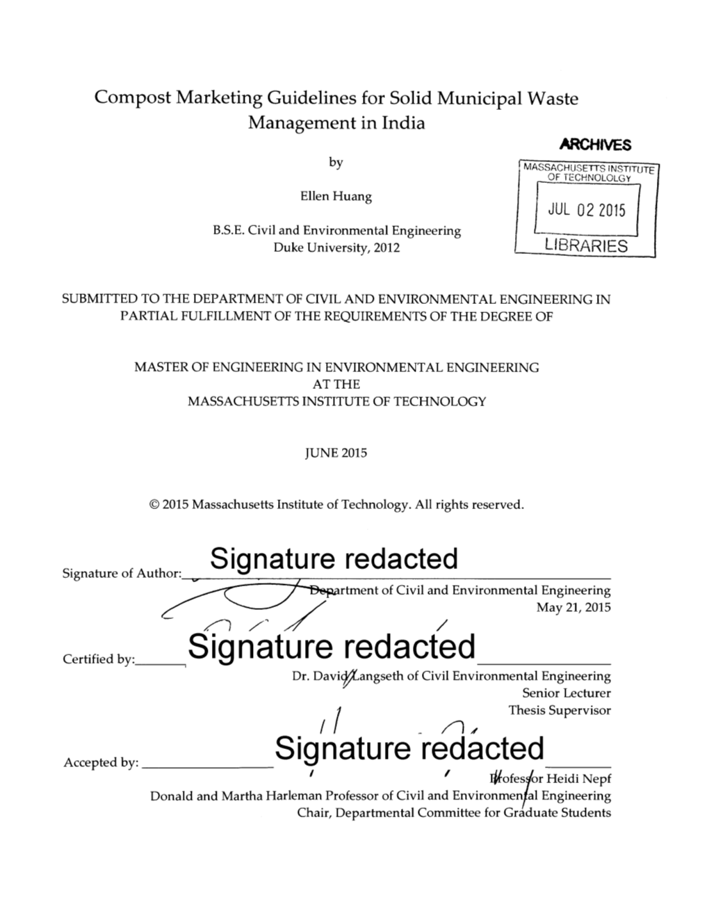Signature Redacted Rtment of Civil and Environmental Engineering May 21, 2015