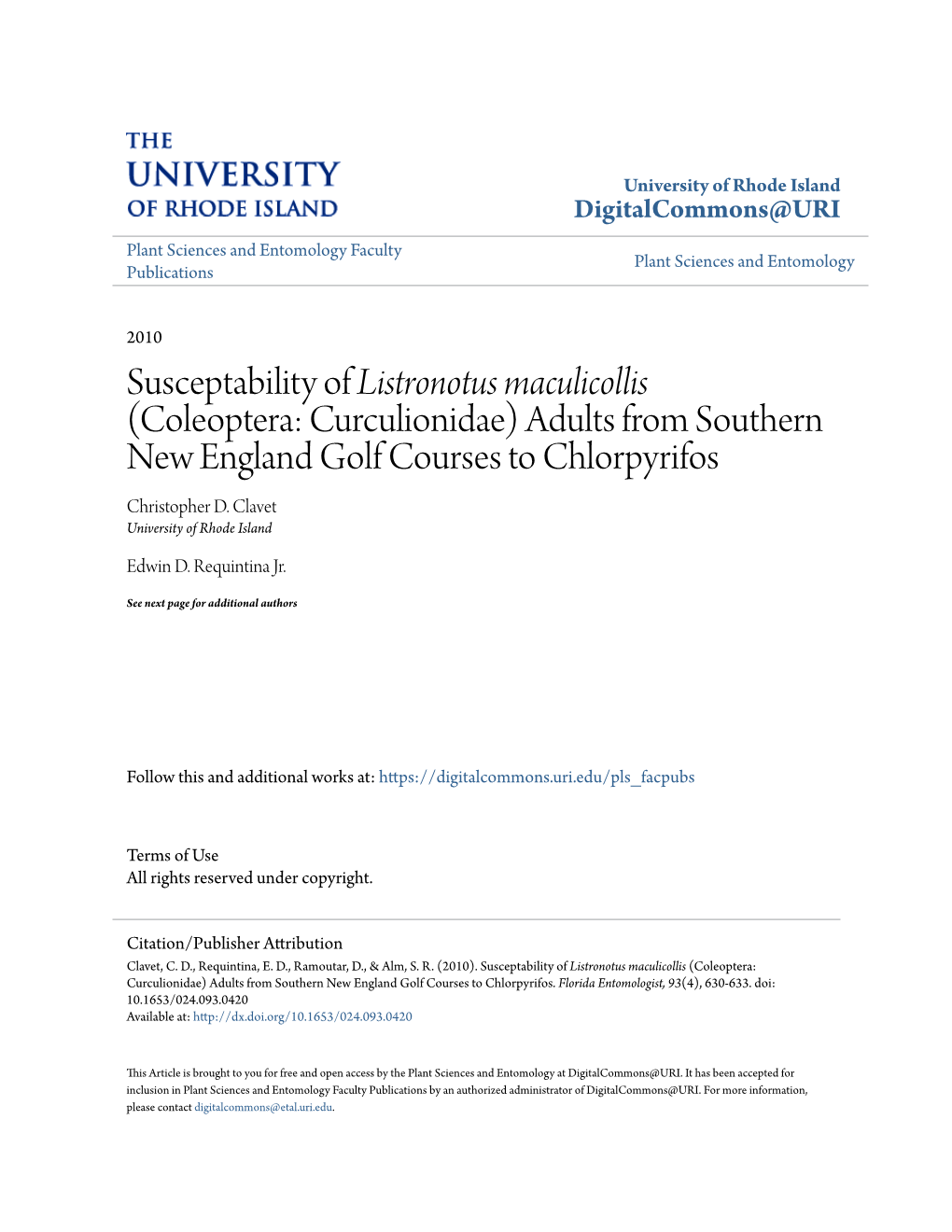 Susceptability of Listronotus Maculicollis (Coleoptera: Curculionidae) Adults from Southern New England Golf Courses to Chlorpyrifos Christopher D