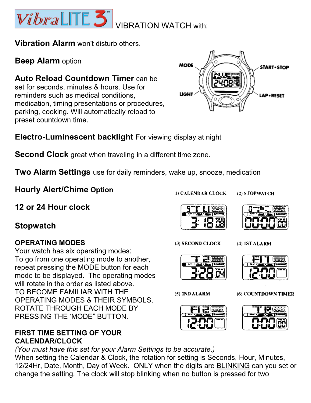 VIBRATION WATCH With: Beep Alarm Option Auto Reload Countdown