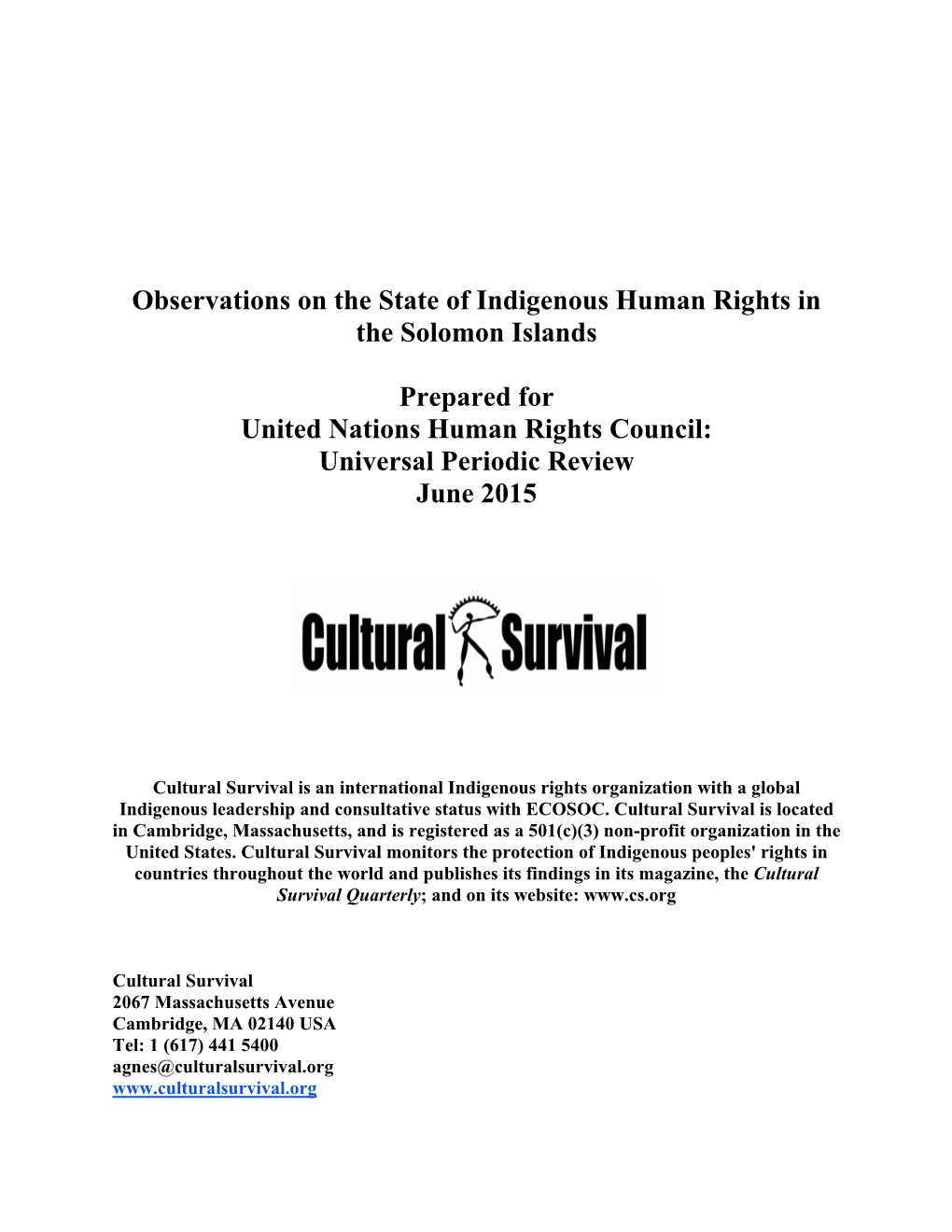 Observations on the State of Indigenous Human Rights in the Solomon Islands