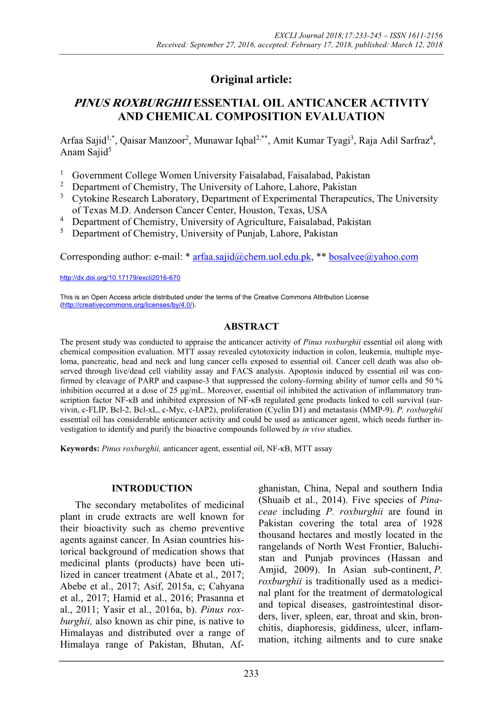 Pinus Roxburghii Essential Oil Anticancer Activity and Chemical Composition Evaluation