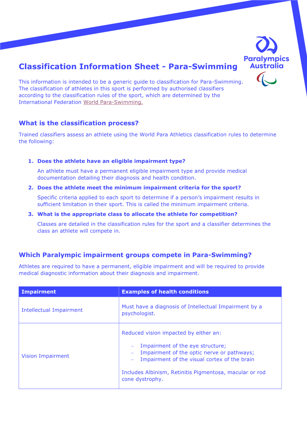 Para-Swimming Classification Information Sheet