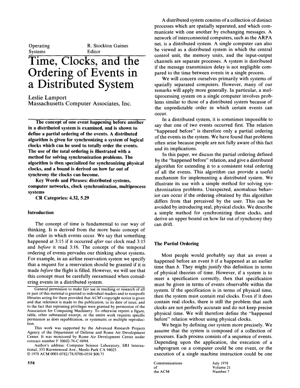 Time, Clocks, and the Ordering of Events in a Distributed System