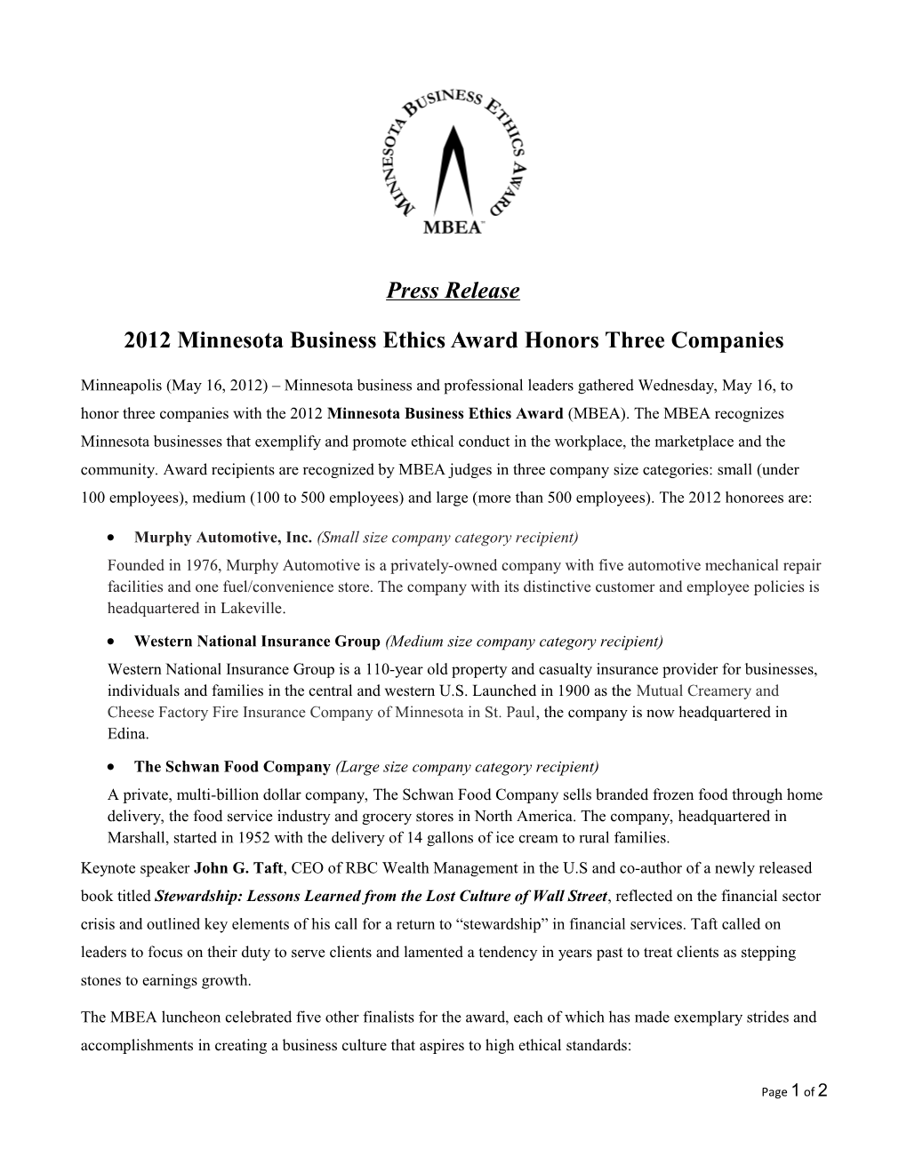 2012 Minnesota Business Ethics Award Honors Three Companies