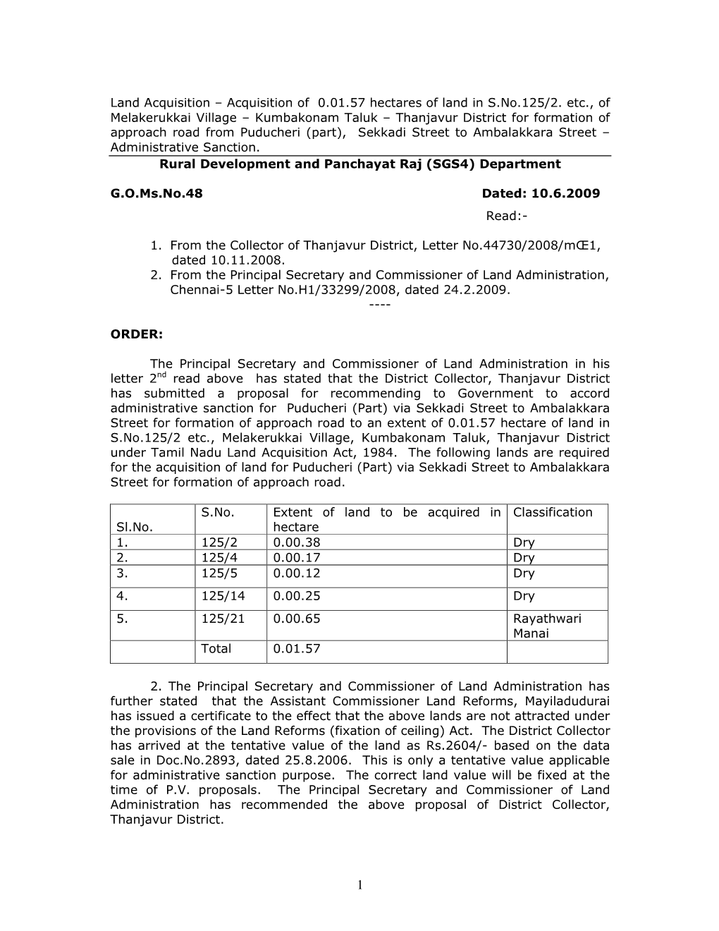 Land Acquisition – Acquisition of 0.01.57 Hectares of Land in S.No.125/2. Etc., of Melakerukkai Village – Kumbakonam Taluk