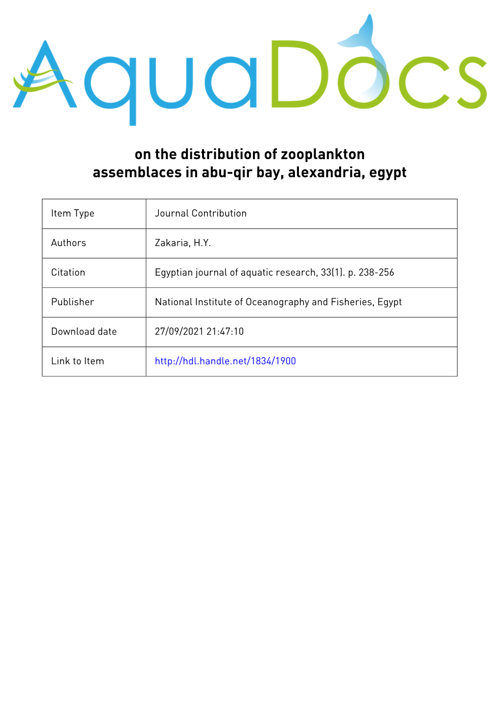 On the Distribution of Zooplankton Assemblages in Abu Qir Bay, Alexandria, Egypt