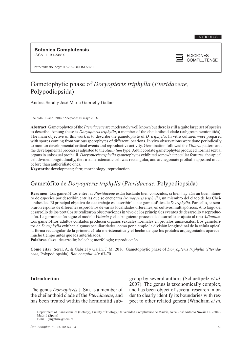 Gametophytic Phase of Doryopteris Triphylla (Pteridaceae, Polypodiopsida)