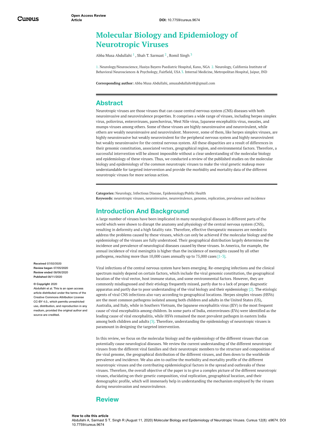 Molecular Biology and Epidemiology of Neurotropic Viruses