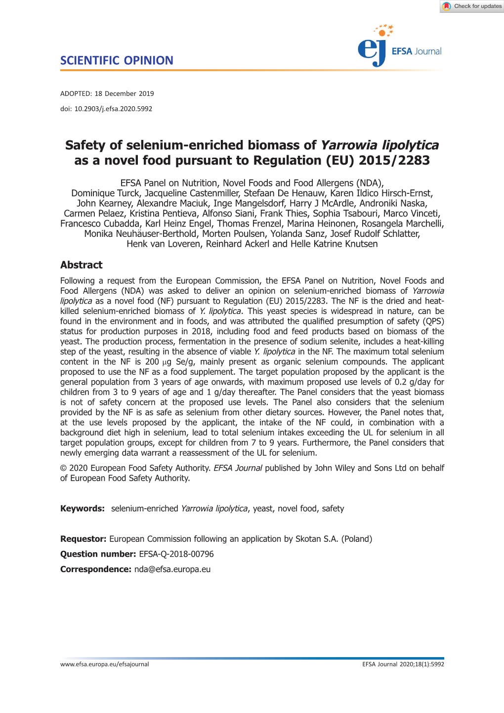 Safety of Selenium‐Enriched Biomass of Yarrowia Lipolytica As a Novel Food Pursuant to Regulation (EU) 2015/2283